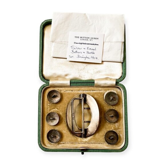 Vintage English Antique sterling silver/ enamel belt buckle and 6 buttons in the - Picture 10 of 11